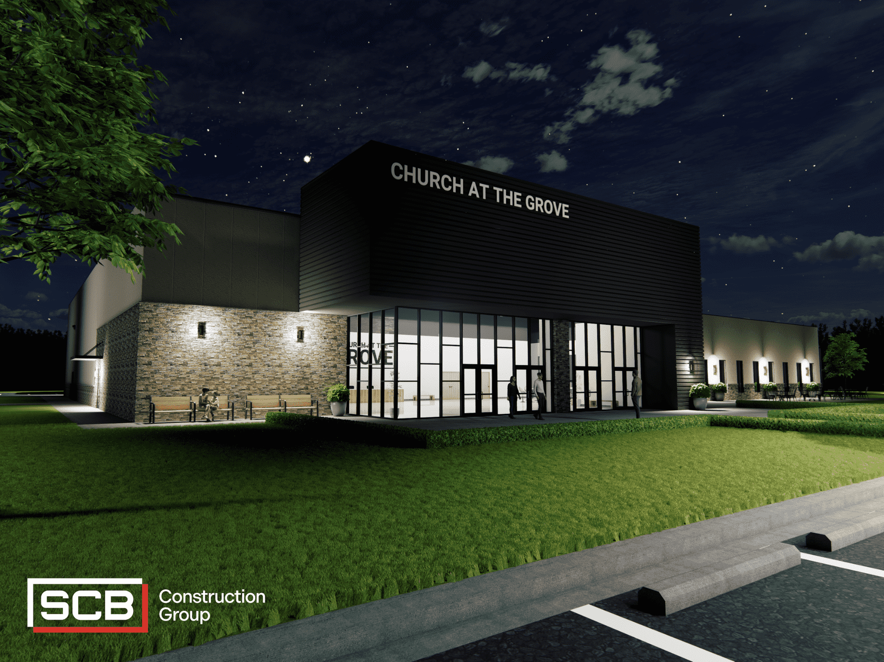Church of the Grove 3D rendering - Front night view