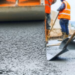 Concrete construction. Construction workers pouring concrete on a construction site.