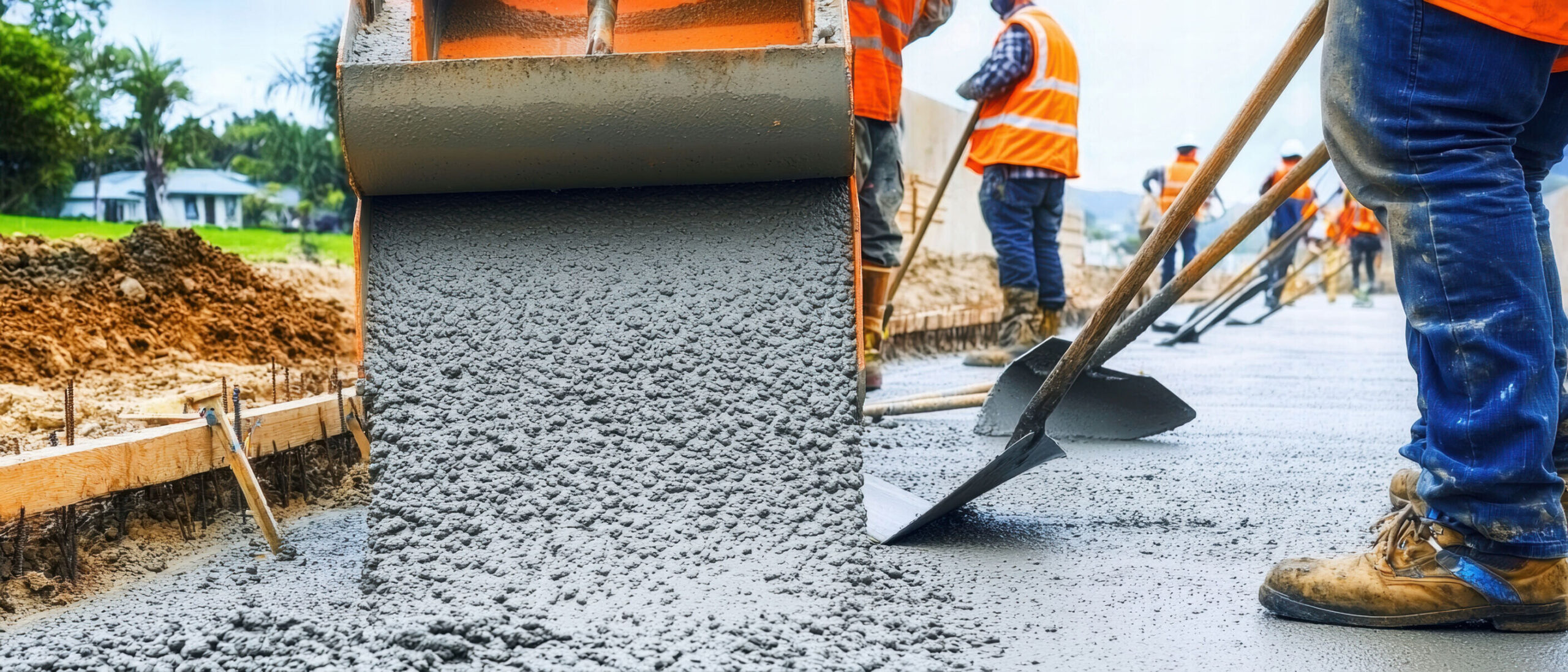 Concrete construction. Construction workers pouring concrete on a construction site.