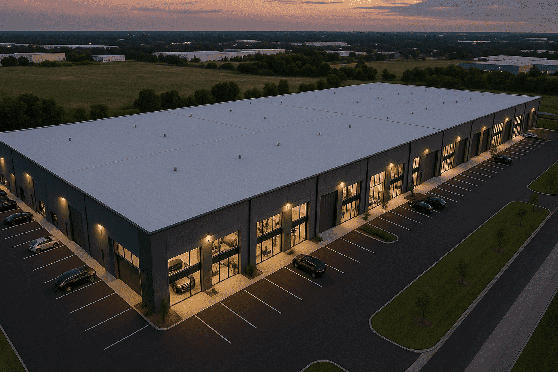 Aerial shot at dusk of a 75–100 K SF shallow bay warehouse condo units, featuring a long, single-story building with ten evenly spaced glass-front bays and roll-up doors. Warm interior lighting spills onto a paved parking area where vehicles are parked curbside. A paved access road wraps around the rear with matching bay doors, and landscaped islands with young trees border the asphalt. The sleek gray facade and white roof of this luxury flex-space stand out against the soft sunset sky and surrounding commercial park.