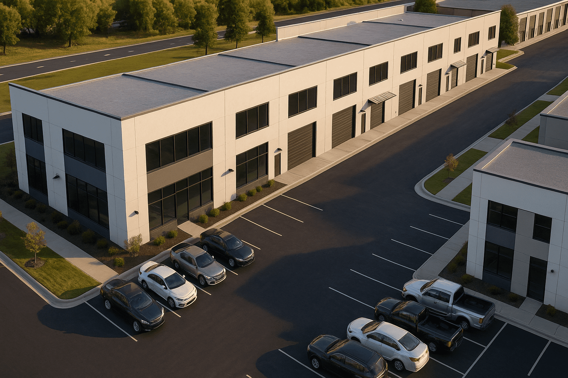 Aerial view of a modern two-story flex-space building with ten units, each featuring ground-level roll-up doors and second-floor windows. A paved access road runs along the rear with matching overhead doors and pedestrian entries. In front, a parking lot holds several cars, and landscaped islands with young trees border the asphalt. The building’s white and gray facade is set against surrounding greenery and nearby roadways.