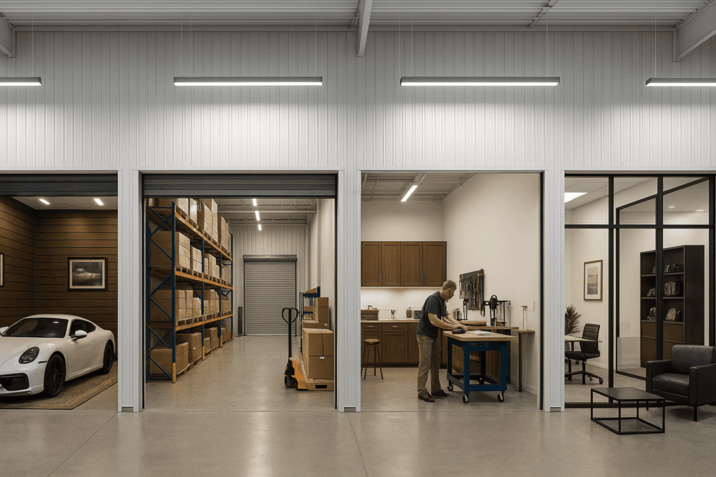 Interior view of 4 adjacent flex warehouse condo bays within a shallow-bay industrial building: the left bay as luxury storage housing a sports car, the center bay as a warehouse with pallet racking and stacked boxes, and the right bay as a hobby workshop, and the far right bay a glass-partitioned office. Overhead LED strip lights illuminate smooth concrete floors and white steel walls, showcasing the versatile 2–6 K SF spaces ideal for mixed-use industrial, storage, office, or showroom applications.